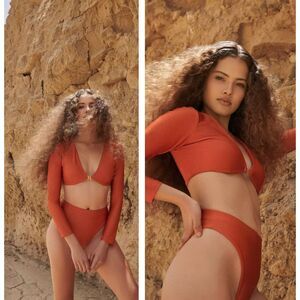 NELBLU‎ Womens Inocencia Summatra Orange Shimmer 2 Piece L/S Swimsuit Size Large